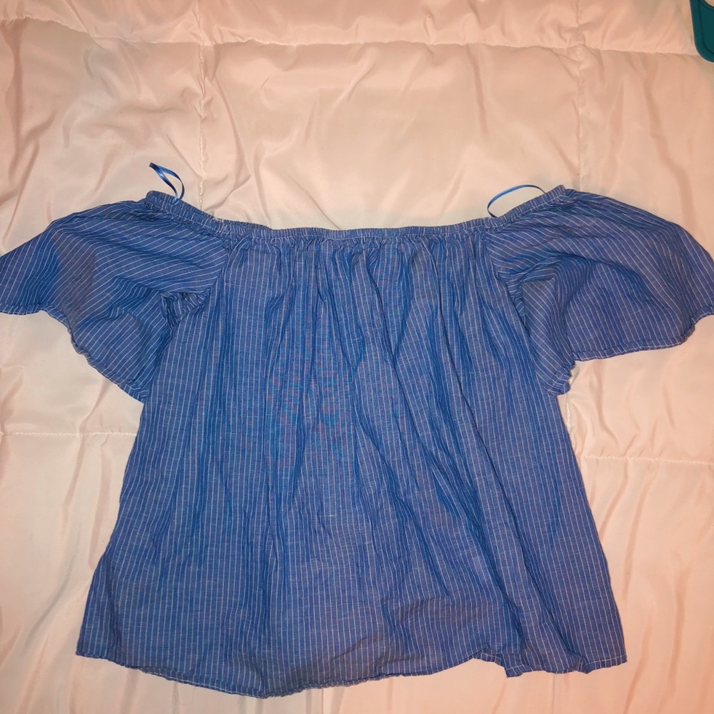 off the shoulder striped blue top!